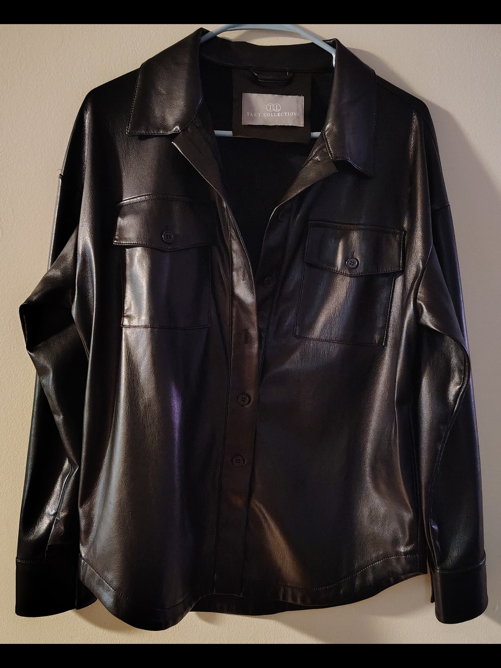 Black Faux Leather Button-Up Jacket Medium